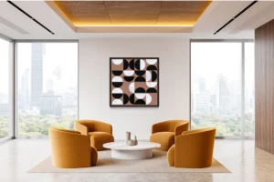 Geometric forms intersect, half circles and bold colors create rhythmic visual harmony.