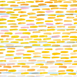 Warm golden tones mingle playfully with pink, framed by calm blue lines.