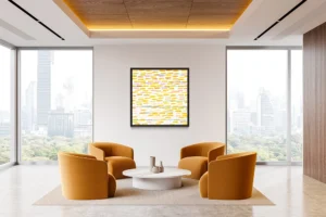 Radiant yellows and pinks converge, forming rhythmic harmony across gentle blue streams.