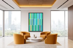 A rhythmic arrangement of soft, vertical color bands in tones punctuated by blues, greens, and yellow.