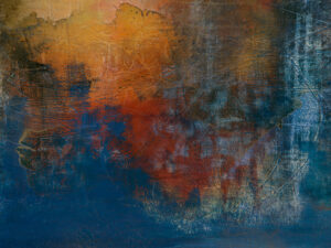 Rust and flame drift into midnight blue, evoking twilight’s quiet, molten descent.