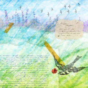 Delicate bird and lavender field merge with handwritten letters and drifting sky.