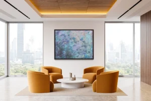 Soft blue and lavender blossoms drift across textured layers with ethereal, dreamlike movement.