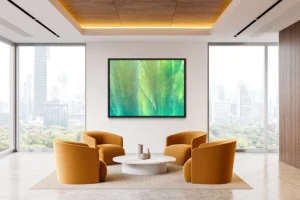 Soft layers of green merge with delicate lines, evoking lush natural textures.