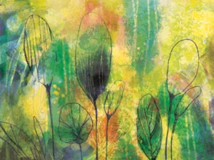 Delicate leaves emerge through vibrant colors, echoing nature’s quiet growth and renewal.