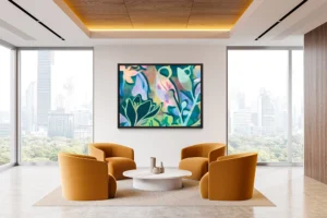 Abstract floral forms intertwine, radiating vibrant energy and dreamlike natural harmony.