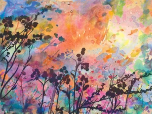 Dark floral silhouettes rise against a vibrant, swirling sunset of radiant colors.