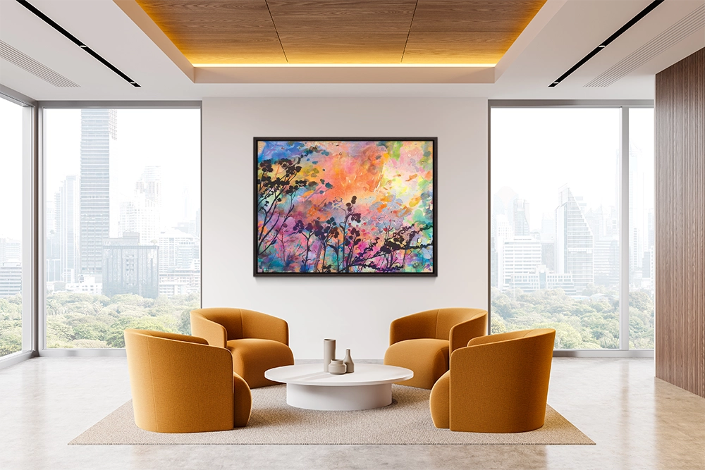 Dark floral silhouettes rise against a vibrant, swirling sunset of radiant colors.