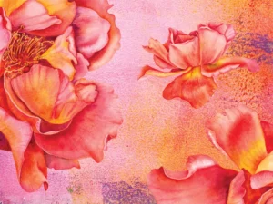 Vibrant red-orange blossoms burst across pink, radiating warmth and dramatic beauty.