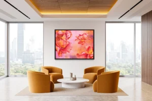 Vibrant red-orange blossoms burst across pink, radiating warmth and dramatic beauty.