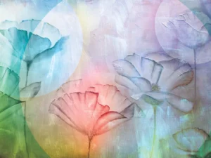Soft pastel flowers emerge through translucent circles, radiating serenity and gentle wonder.