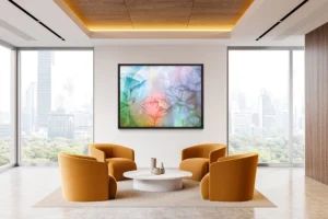 Soft pastel flowers emerge through translucent circles, radiating serenity and gentle wonder.