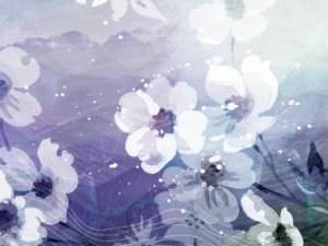 White blossoms drift over flowing waves of purple, merging water and floral harmony.