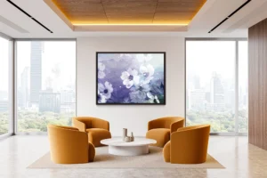 White blossoms drift over flowing waves of purple, merging water and floral harmony.