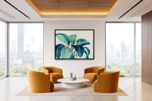 Broad watercolor leaves overlap gracefully, shifting between cool emerald and oceanic blues.