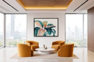 Lush foliage carries sunlit warmth, blending green silhouettes with copper and amber tones.