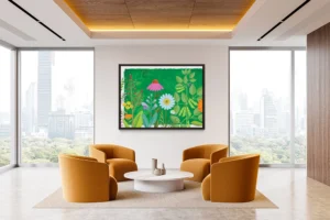 Vibrant blossoms and lush leaves intertwine, celebrating nature’s harmony, growth, and joyful abundance.