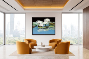 White lilies float serenely, their reflections shimmering on calm, glassy waters.