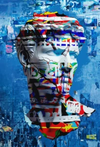 Classical sculpture bust overlaid with bold graffiti patterns against distressed blue background.