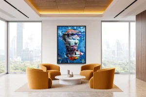 Classical sculpture bust overlaid with bold graffiti patterns against distressed blue background.