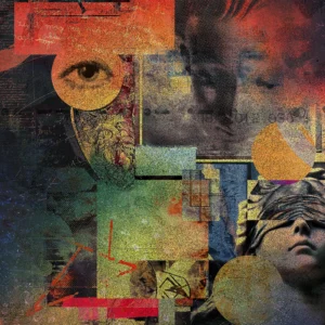 Collage of eyes, faces, and abstract textures explores layered human experience.