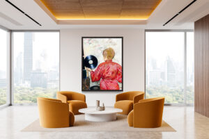 Golden light, floral walls, and vinyl’s gleam—nostalgia turns softly toward sound.