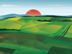 Sunset over stylized patchwork hills, with layered greens and bold angular forms.