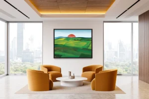 Sunset over stylized patchwork hills, with layered greens and bold angular forms.