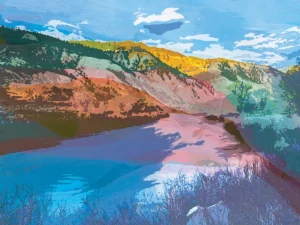 Vibrant layered colors depict mountains, trees, and water in abstract scenic harmony.