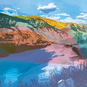 Vibrant layered colors depict mountains, trees, and water in abstract scenic harmony.