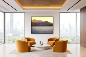 Sunlit mountains rise above calm waters, blending warm and cool textured tones.