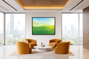 Soft layered greens lead to a rising sun beneath a clear sky.