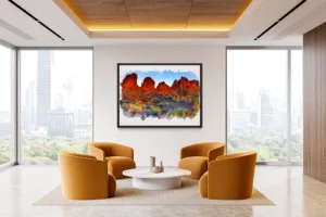 Fiery red rock formations rise above vibrant desert flora in fading sunlight.