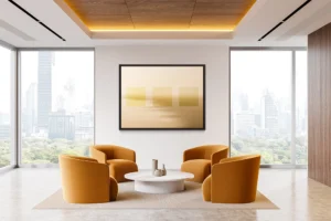 Muted seascape with three golden squares fades into soft, hazy horizon.