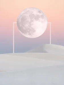 A glowing full moon hovers above serene dunes, framed by luminous lines.