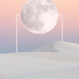 A glowing full moon hovers above serene dunes, framed by luminous lines.