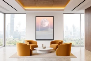 A glowing full moon hovers above serene dunes, framed by luminous lines.
