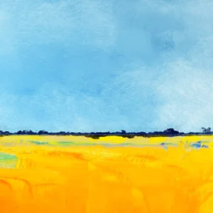 Brilliant yellow fields stretch endlessly under an expansive, cloudless, bright blue sky.
