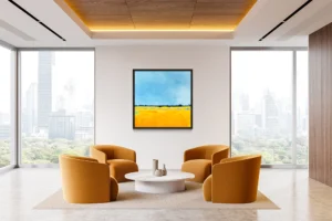 Brilliant yellow fields stretch endlessly under an expansive, cloudless, bright blue sky.