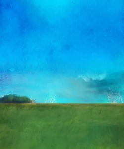 A lone farmhouse rests beneath vast skies and endless green fields.