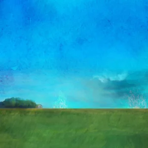 A lone farmhouse rests beneath vast skies and endless green fields.