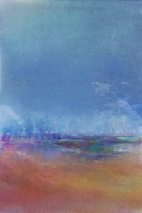 Soft watercolor sky meets earthy plains, blending serenity with boundless, dreamy space.