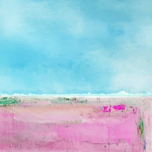 Gentle blue sky rests above textured pink earth, balancing softness and vibrance.