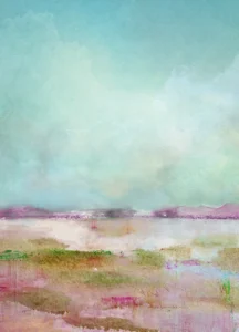 Ethereal pastel tones create dreamy landscape stretching endlessly beneath calm skies.