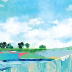Bright skies reflect across patterned land and water, celebrating colorful seasonal beauty.