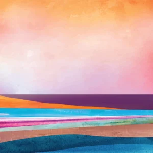 Warm sky meets violet sea, layered textures echo dusk’s quiet shoreline beauty.