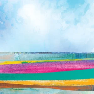 Blue sky crowns vivid waves, magenta and gold pulse with coastal energy.