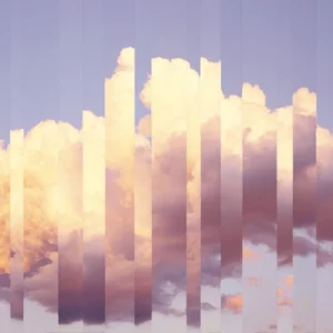 Soft clouds split into vertical fragments, revealing shifting layers of evening light.