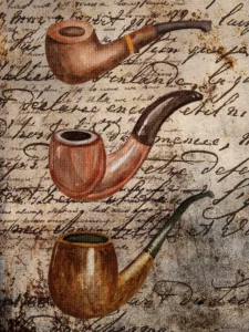 Three vintage smoking pipes overlaid on weathered handwritten letters and scripts.