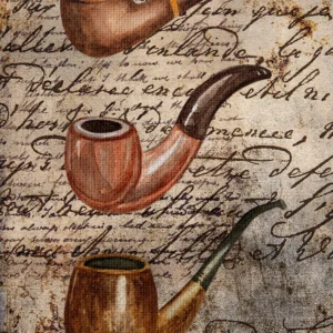 Three vintage smoking pipes overlaid on weathered handwritten letters and scripts.